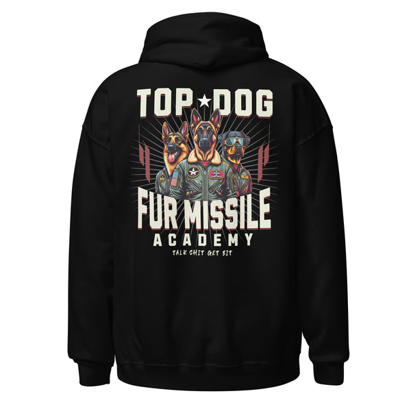 Top Dog, Fur Missile Academy - German Shepherd, Belgian Malinois, Rottweiler - Unisex Hoodie - Woof & Bone Apparel